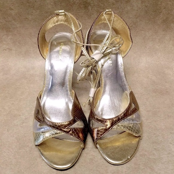 Delicious Cleopatra SnakeSkin GoldSilverBronze Strap Wrap Heels - Picture 3 of 10
